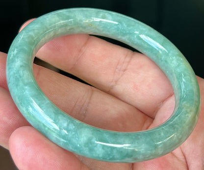 Natural Certified Burmese Jadeite Jade Bangle – Icy Apple Green with Milky White – Princess Cut – 55.4mm – JB524