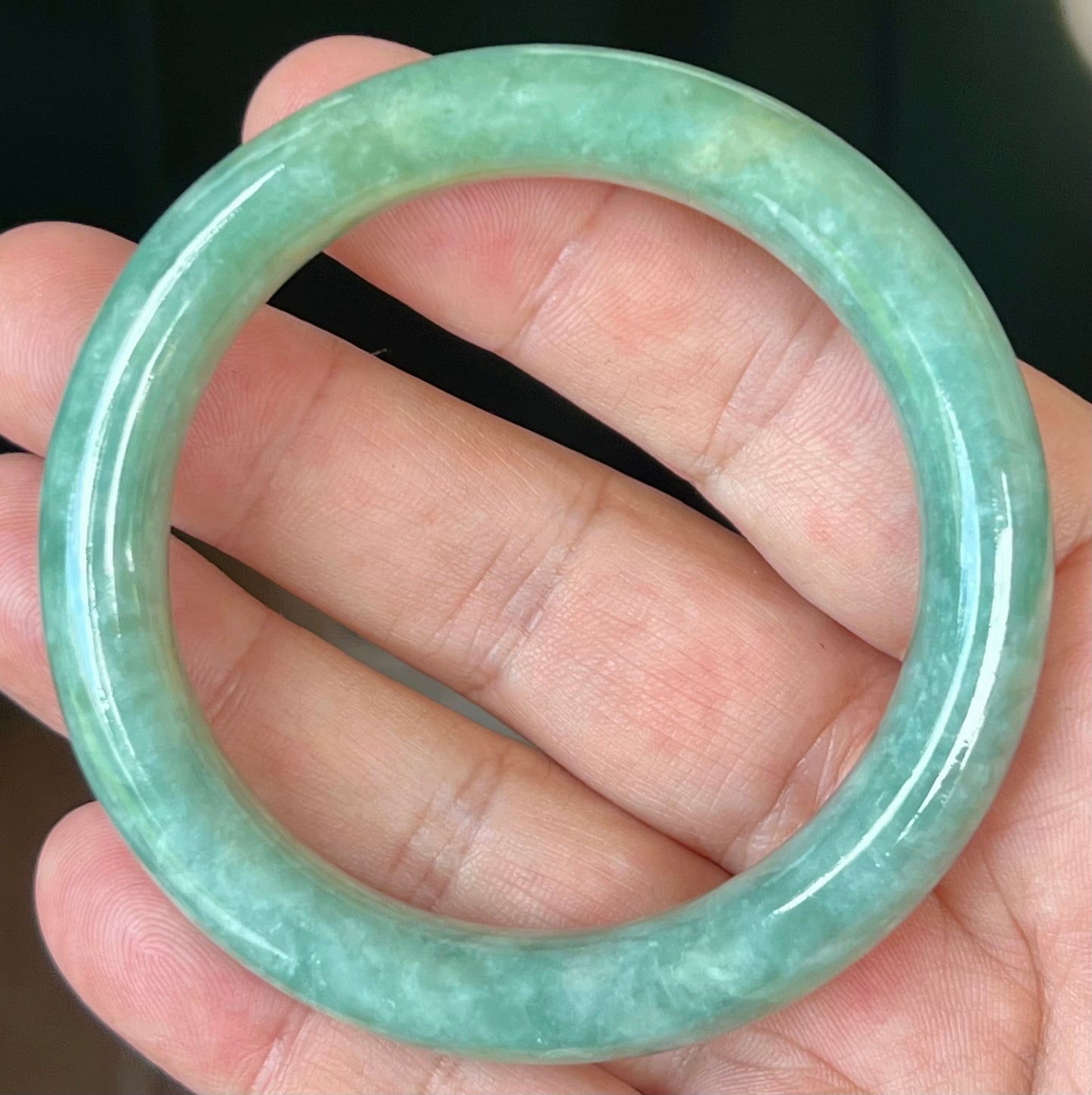 Natural Certified Burmese Jadeite Jade Bangle – Icy Apple Green with Milky White – Princess Cut – 55.4mm – JB524