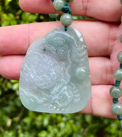 Natural Certified Burmese Jadeite Jade Pendant – Icy Apple Green & Milky White Hues – Hand-Carved Dragon Motif – Beaded Necklace Included – JP028