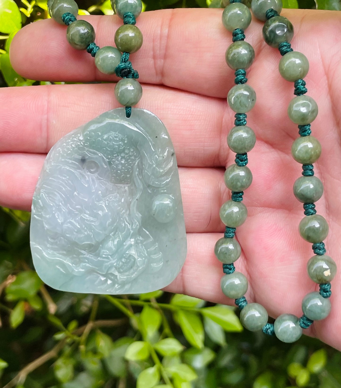 Natural Certified Burmese Jadeite Jade Pendant – Icy Apple Green & Milky White Hues – Hand-Carved Dragon Motif – Beaded Necklace Included – JP028