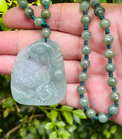 Natural Certified Burmese Jadeite Jade Pendant – Icy Apple Green & Milky White Hues – Hand-Carved Dragon Motif – Beaded Necklace Included – JP028