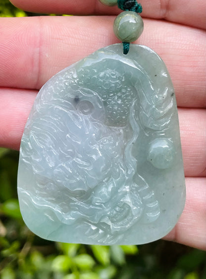 Natural Certified Burmese Jadeite Jade Pendant – Icy Apple Green & Milky White Hues – Hand-Carved Dragon Motif – Beaded Necklace Included – JP028