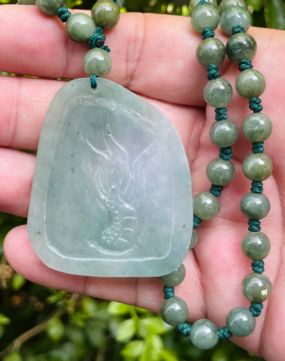 Natural Certified Burmese Jadeite Jade Pendant – Icy Apple Green & Milky White Hues – Hand-Carved Dragon Motif – Beaded Necklace Included – JP028