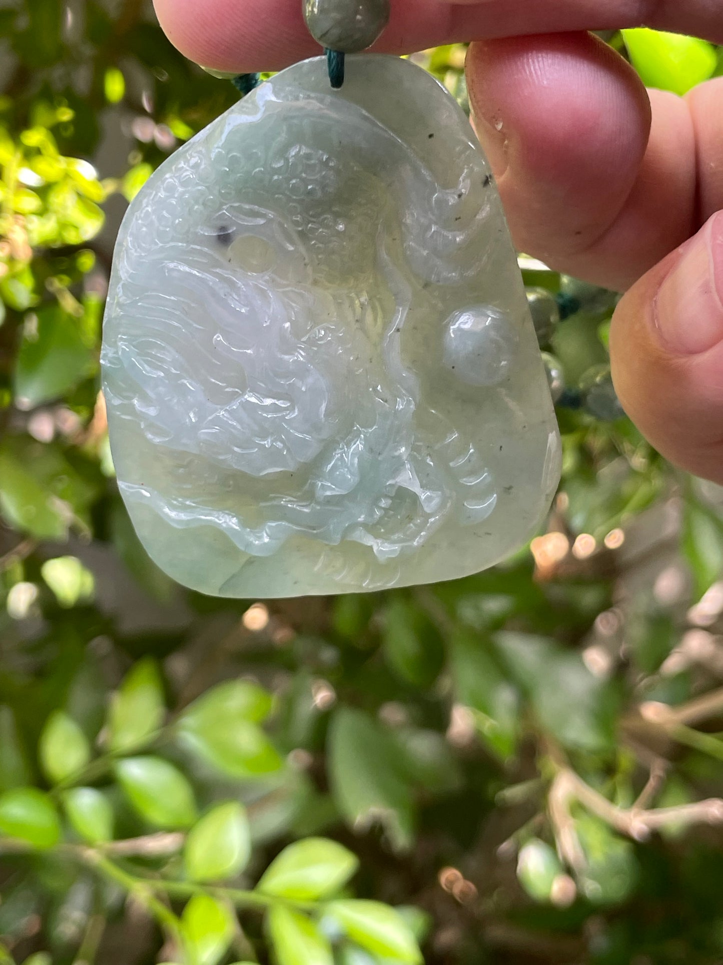 Natural Certified Burmese Jadeite Jade Pendant – Icy Apple Green & Milky White Hues – Hand-Carved Dragon Motif – Beaded Necklace Included – JP028