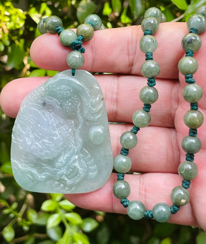 Natural Certified Burmese Jadeite Jade Pendant – Icy Apple Green & Milky White Hues – Hand-Carved Dragon Motif – Beaded Necklace Included – JP028