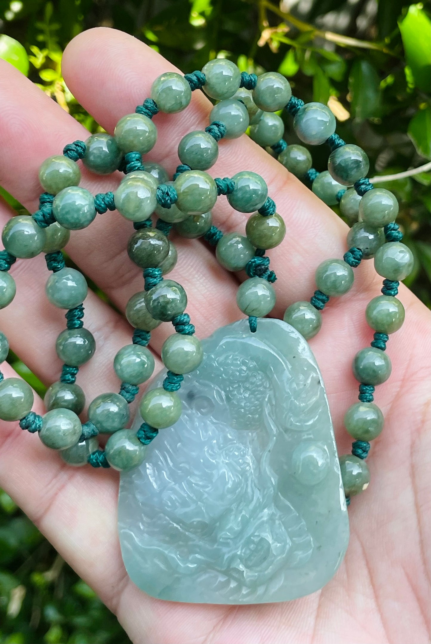 Natural Certified Burmese Jadeite Jade Pendant – Icy Apple Green & Milky White Hues – Hand-Carved Dragon Motif – Beaded Necklace Included – JP028