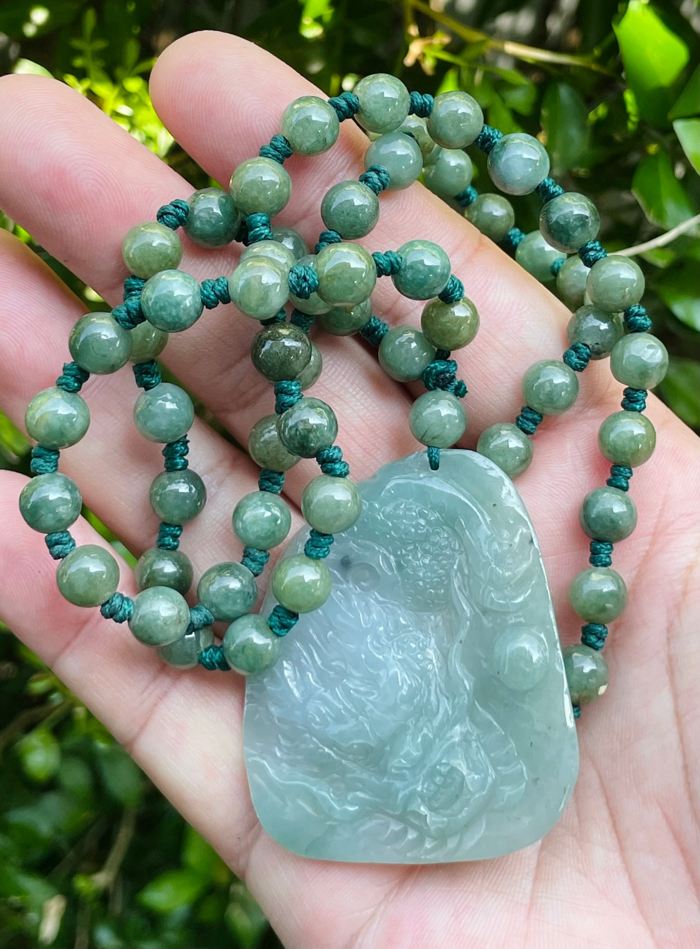 Natural Certified Burmese Jadeite Jade Pendant – Icy Apple Green & Milky White Hues – Hand-Carved Dragon Motif – Beaded Necklace Included – JP028