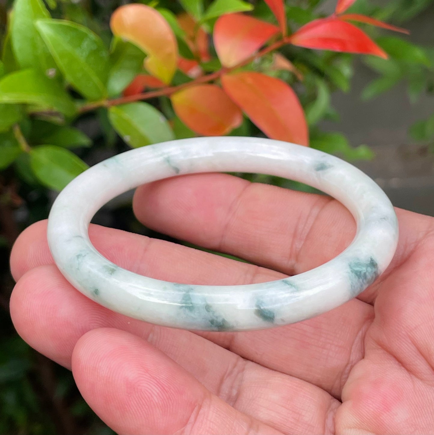 Natural Burmese Jadeite Jade Bangle – Icy Milky White & Apple Green – Princess Cut – 55.3mm – JB950