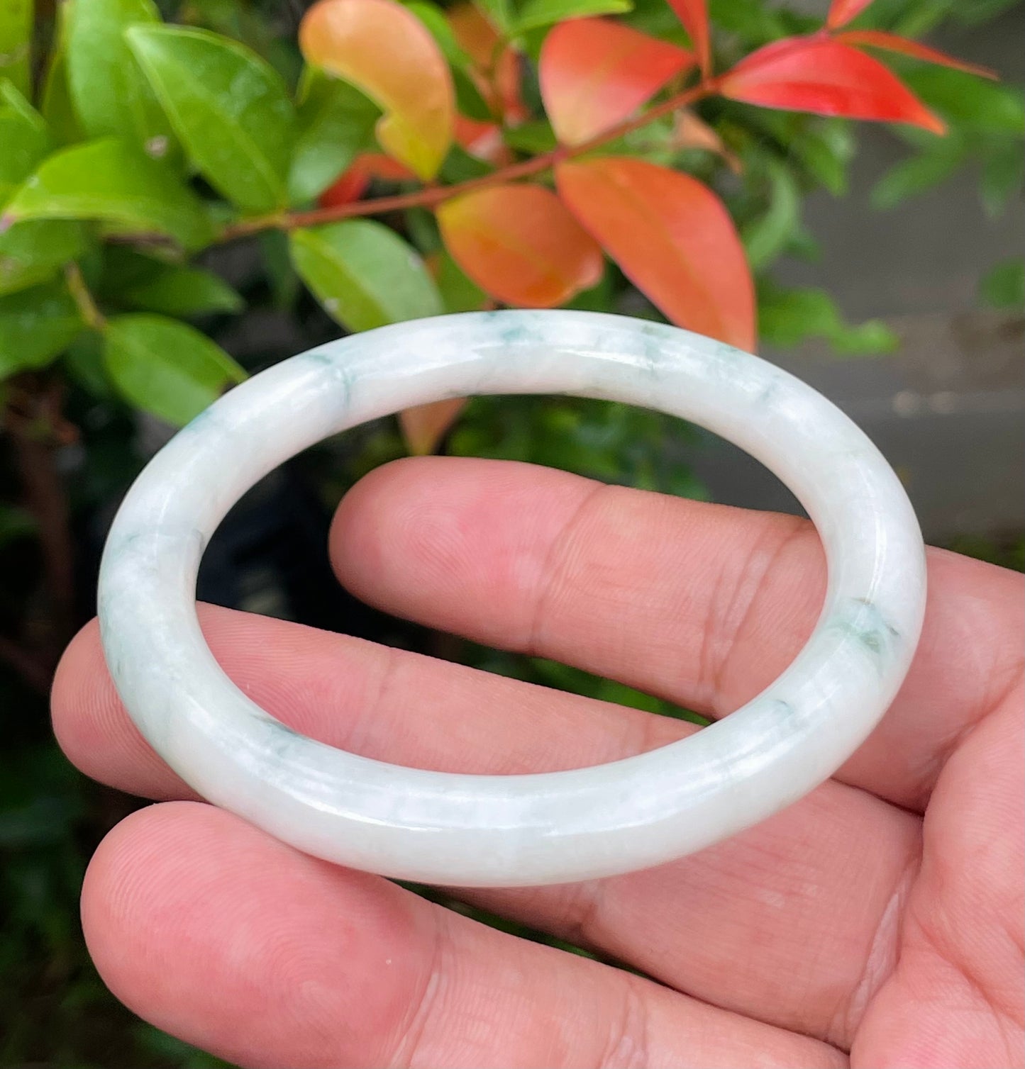 Natural Burmese Jadeite Jade Bangle – Icy Milky White & Apple Green – Princess Cut – 55.3mm – JB950