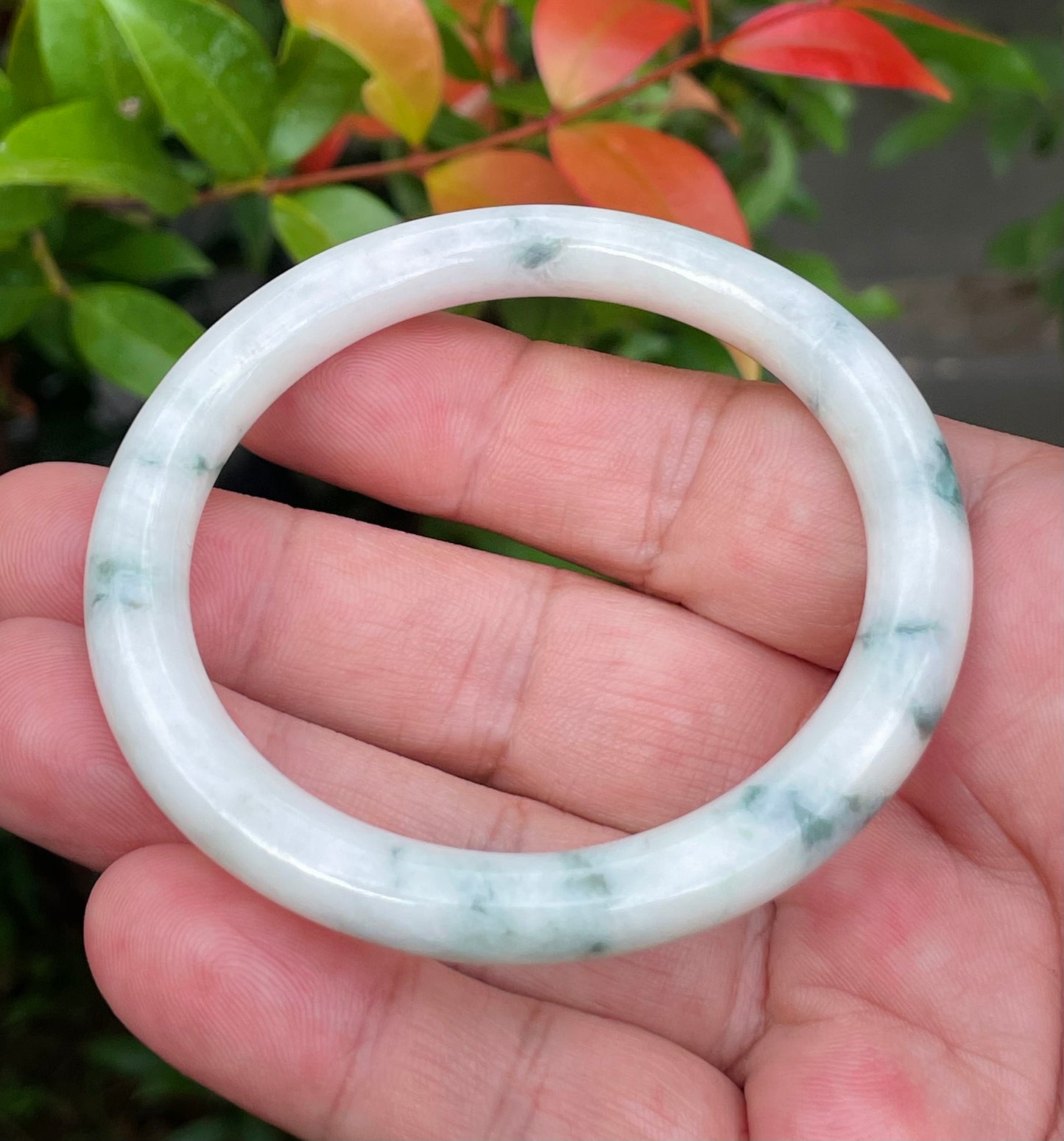Natural Burmese Jadeite Jade Bangle – Icy Milky White & Apple Green – Princess Cut – 55.3mm – JB950