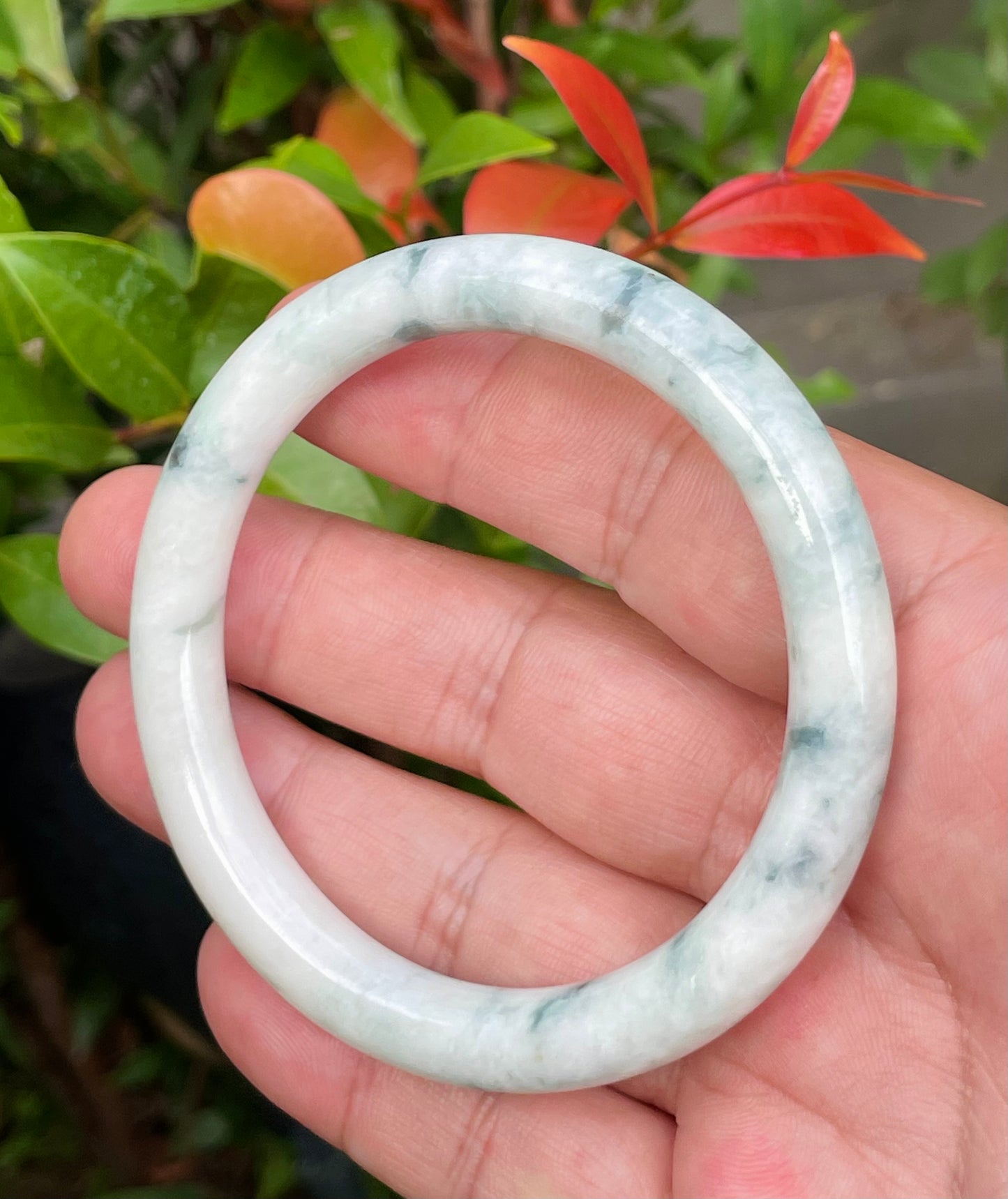 Natural Burmese Jadeite Jade Bangle – Milky White & Imperial Green – Princess Cut – 58.5mm – JB952