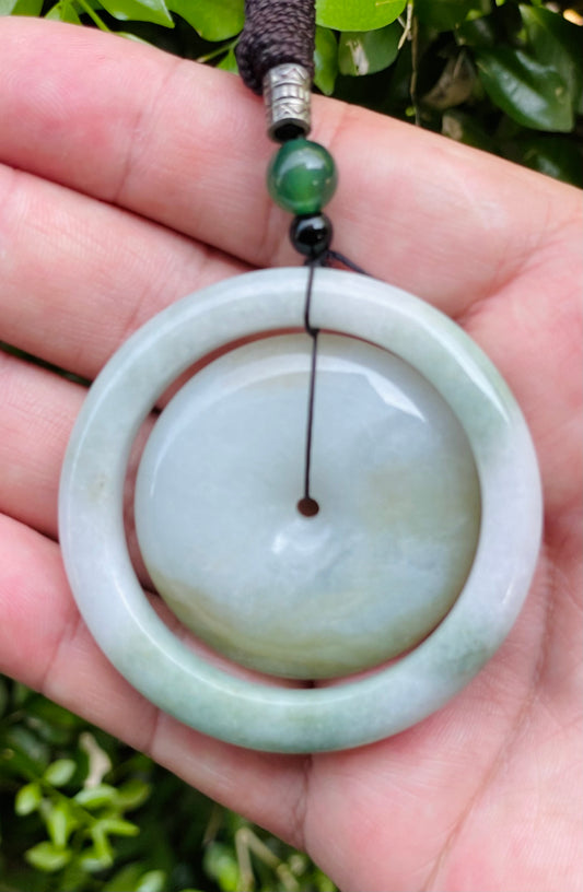 Natural Grade A Burmese Jadeite Jade Pendant – Green & White – Dual Ring Bi Disc Motif – Necklace Included – JP060