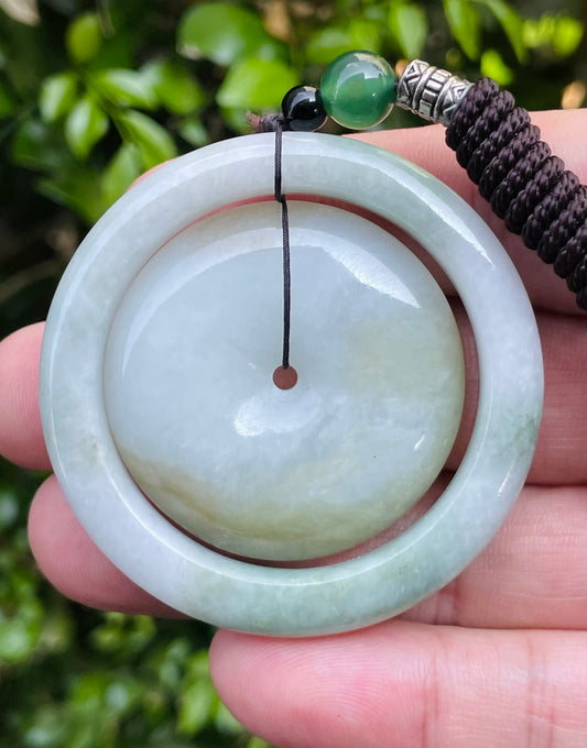Natural Burmese Jadeite Jade Pendant – Green & White – Dual Ring Bi Disc Motif – Necklace Included – JP060