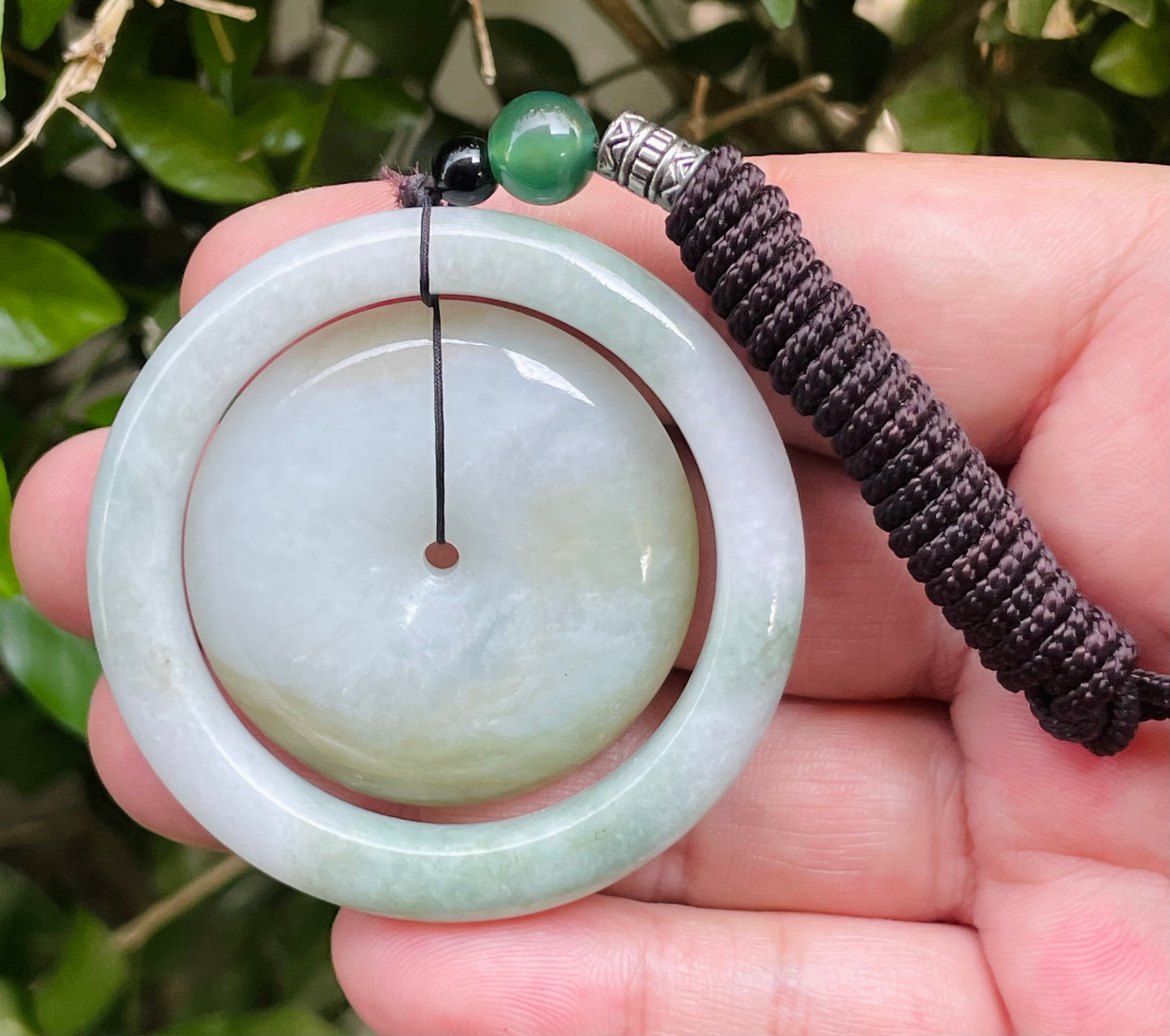 Natural Burmese Jadeite Jade Pendant – Green & White – Dual Ring Bi Disc Motif – Necklace Included – JP060