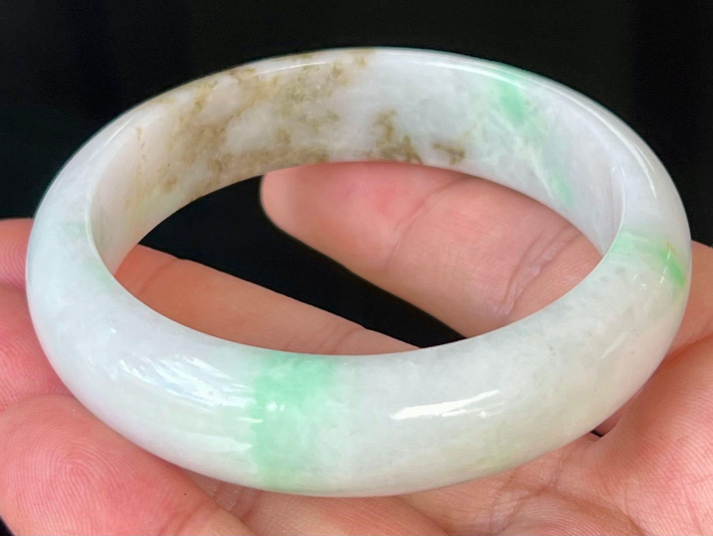 Natural Certified Burmese Jadeite Jade Bangle – Icy Milky White with Imperial and Moss Green – 56.7mm – JB527