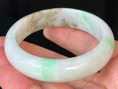 Natural Certified Burmese Jadeite Jade Bangle – Icy Milky White with Imperial and Moss Green – 56.7mm – JB527