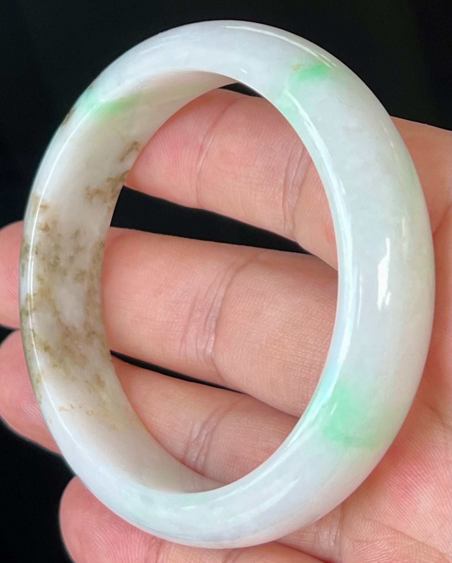 Natural Certified Burmese Jadeite Jade Bangle – Icy Milky White with Imperial and Moss Green – 56.7mm – JB527