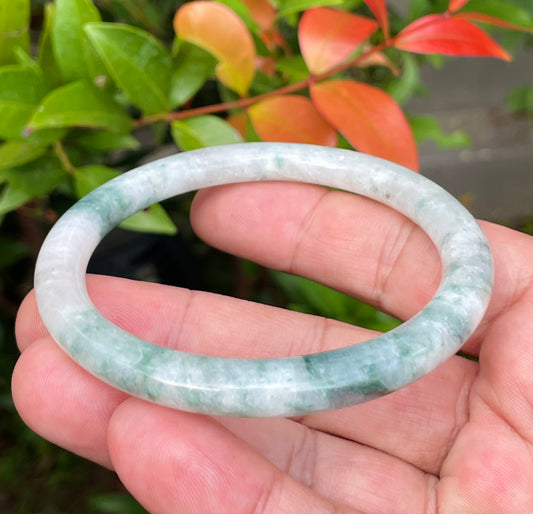 Natural Burmese Jadeite Jade Bangle – Icy Imperial Green & Milky White – Princess Cut – 59.5mm – JB948