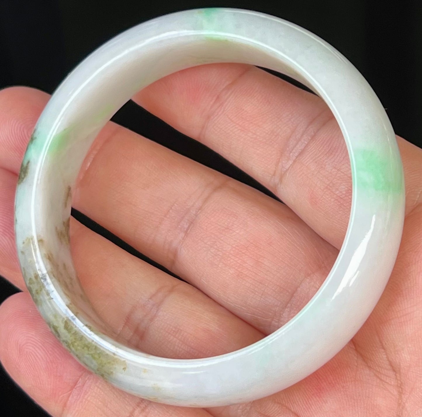Natural Certified Burmese Jadeite Jade Bangle – Icy Milky White with Imperial and Moss Green – 56.7mm – JB527