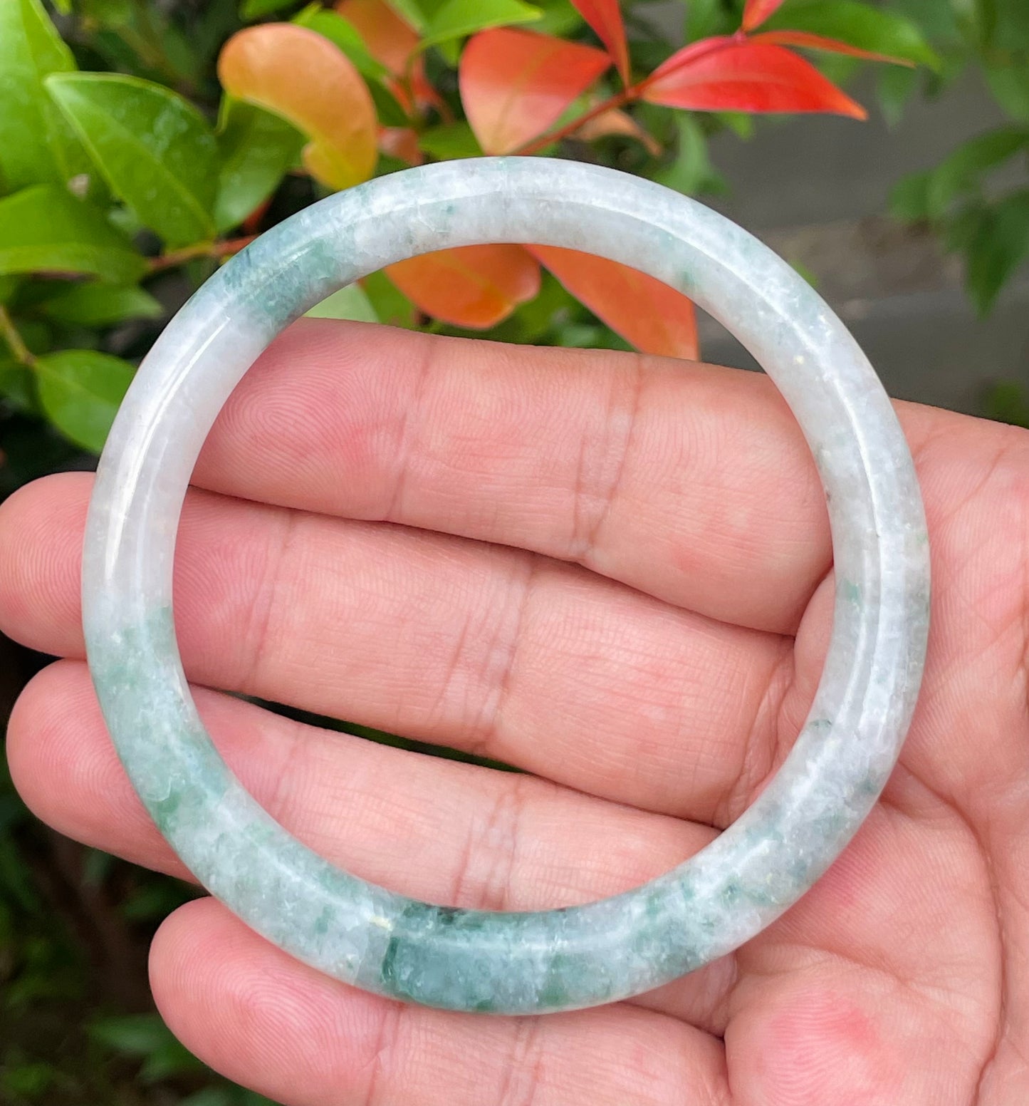 Natural Burmese Jadeite Jade Bangle – Icy Imperial Green & Milky White – Princess Cut – 59.5mm – JB948
