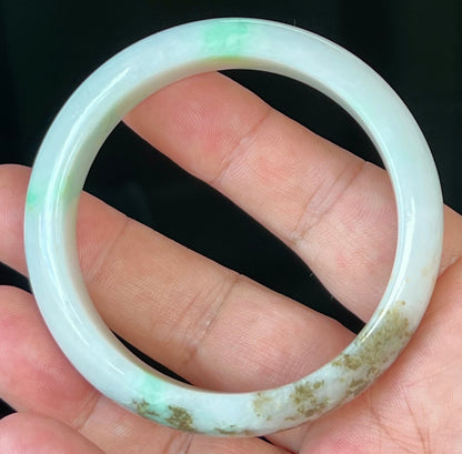 Natural Certified Burmese Jadeite Jade Bangle – Icy Milky White with Imperial and Moss Green – 56.7mm – JB527
