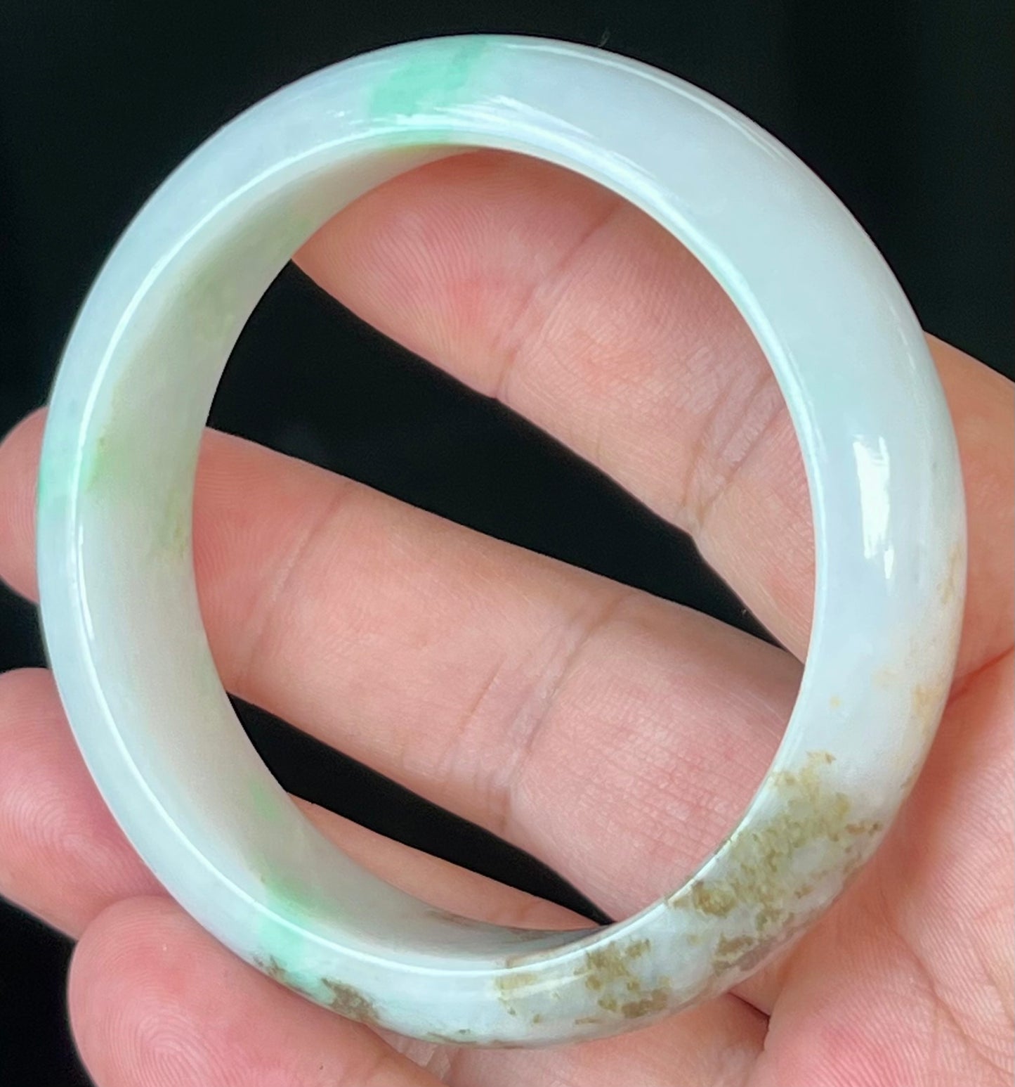 Natural Certified Burmese Jadeite Jade Bangle – Icy Milky White with Imperial and Moss Green – 56.7mm – JB527