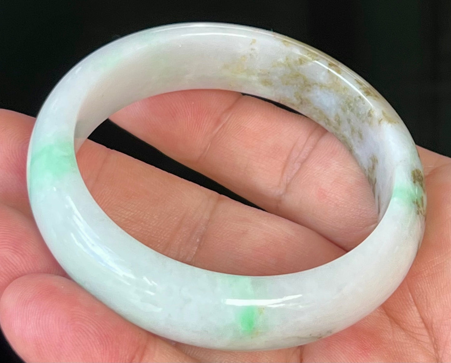 Natural Certified Burmese Jadeite Jade Bangle – Icy Milky White with Imperial and Moss Green – 56.7mm – JB527