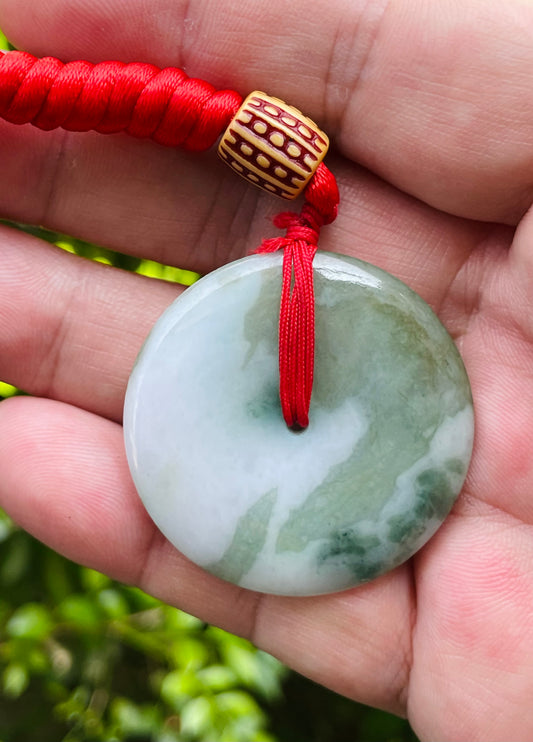 Natural Burmese Jadeite Jade Pendant – Green & White – Round Disc Pi Xiu Style – Necklace Included – JP061