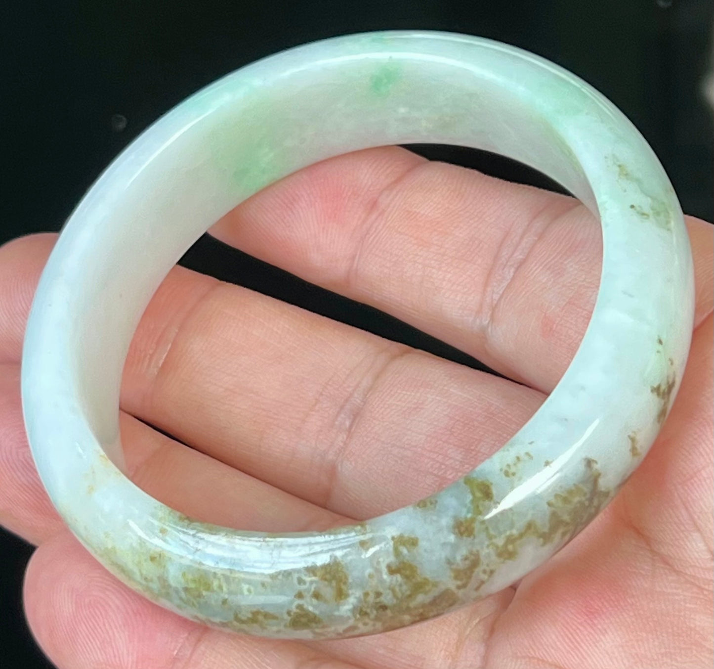 Natural Certified Burmese Jadeite Jade Bangle – Icy Milky White with Imperial and Moss Green – 56.7mm – JB527