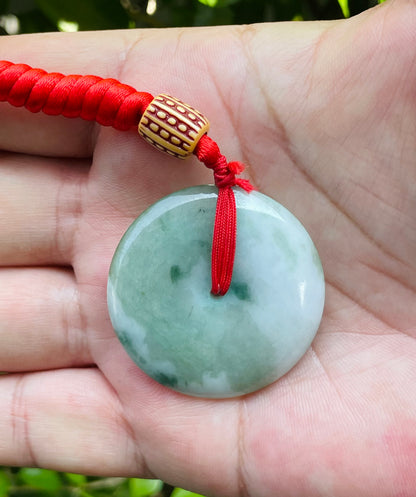 Natural Burmese Jadeite Jade Pendant – Green & White – Round Disc Pi Xiu Style – Necklace Included – JP061