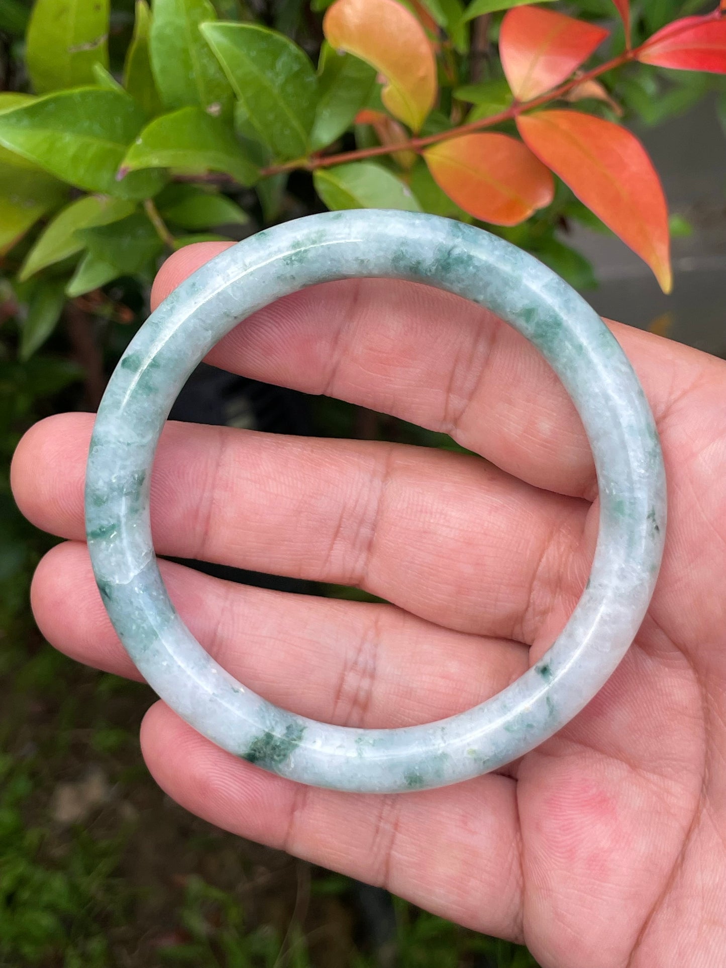 Natural Burmese Jadeite Jade Bangle – Icy Bluish Imperial Green & Milky White – Princess Cut – 58.7mm – JB946