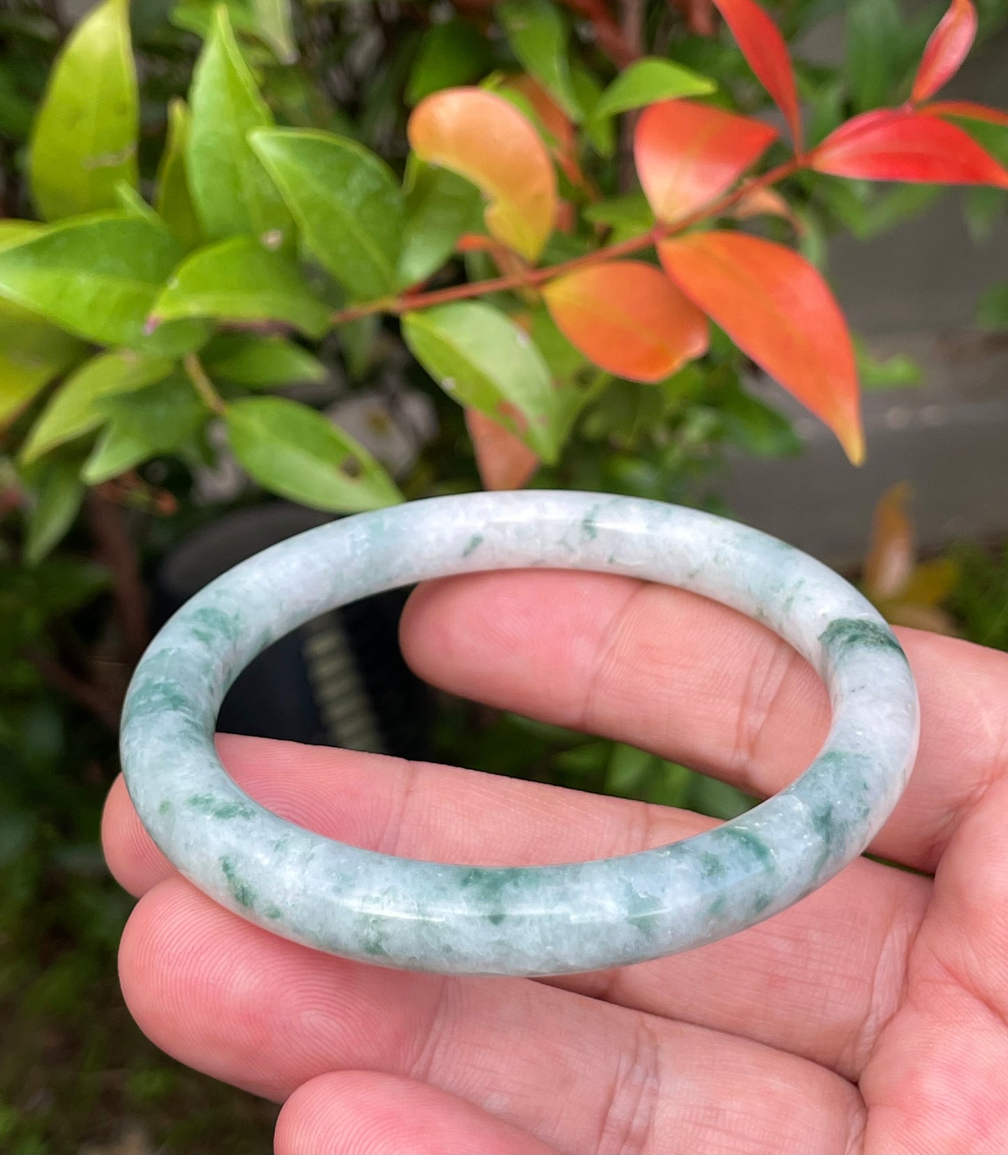 Natural Burmese Jadeite Jade Bangle – Icy Bluish Imperial Green & Milky White – Princess Cut – 58.7mm – JB946
