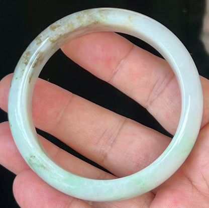 Natural Certified Burmese Jadeite Jade Bangle – Icy Milky White with Imperial and Moss Green – 56.7mm – JB527
