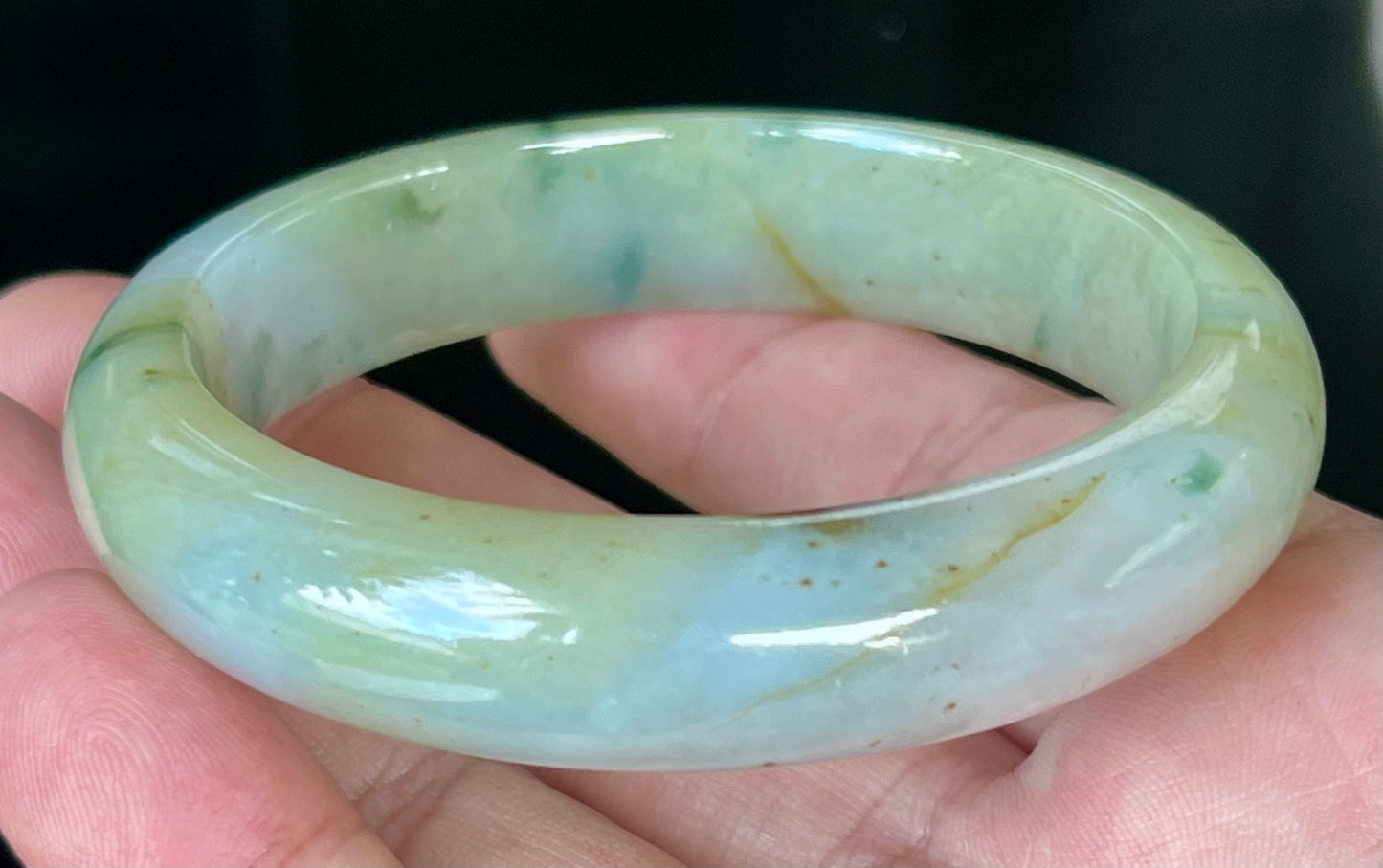 Natural Burmese Jadeite Jade Bangle – Icy Apple with Imperial Green, Greyish Milky White, and Honey Hues – 58.7mm – JB528