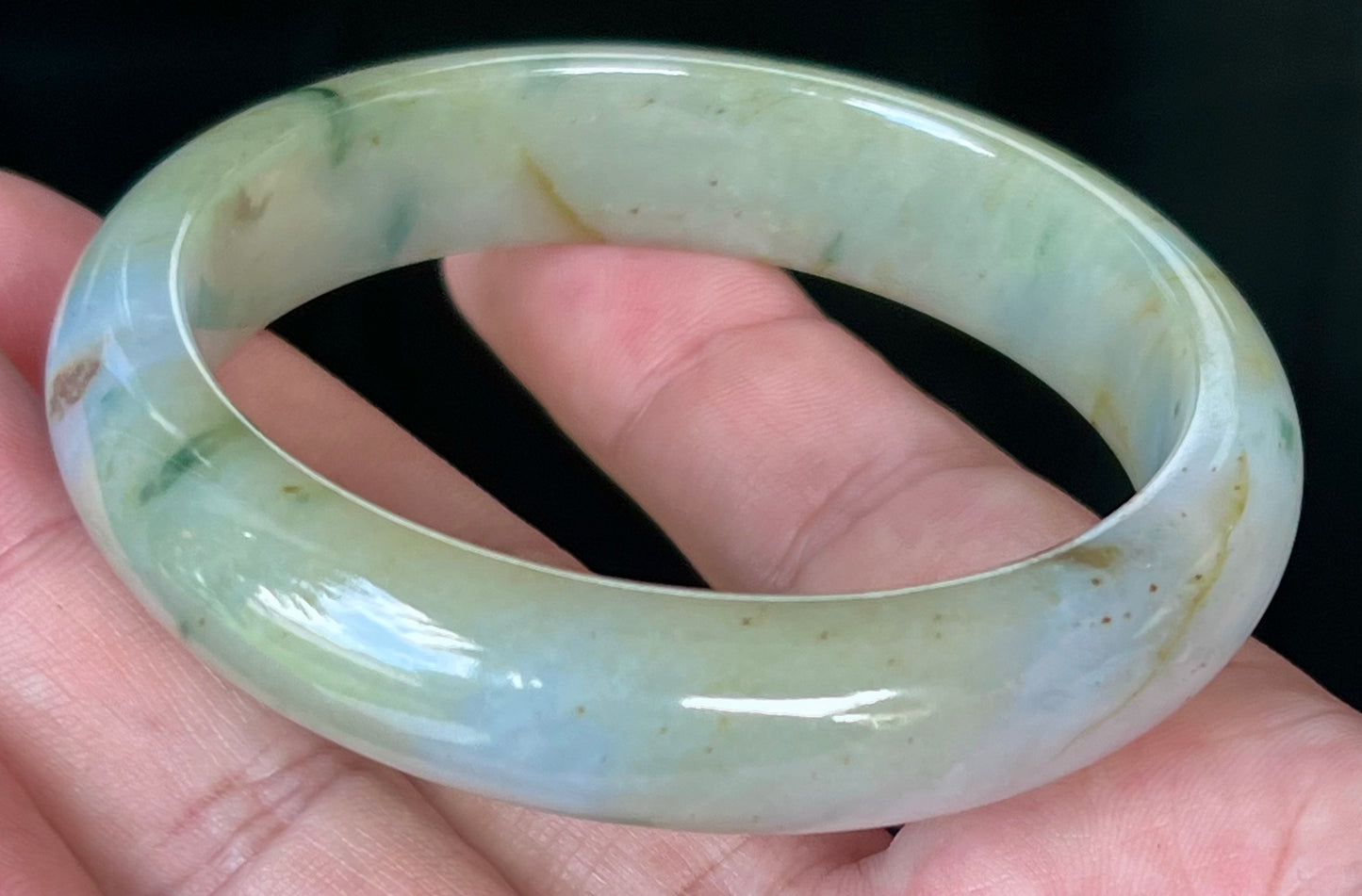 Natural Burmese Jadeite Jade Bangle – Icy Apple with Imperial Green, Greyish Milky White, and Honey Hues – 58.7mm – JB528