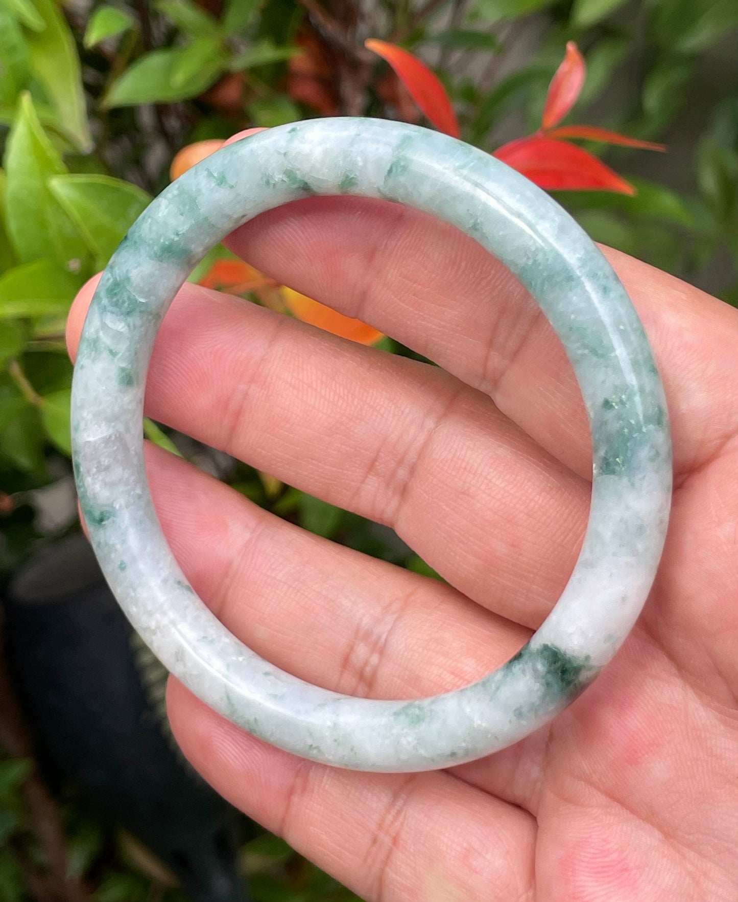 Natural Burmese Jadeite Jade Bangle – Icy Bluish Imperial Green & Milky White – Princess Cut – 58.7mm – JB946