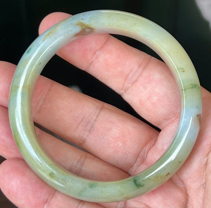 Natural Burmese Jadeite Jade Bangle – Icy Apple with Imperial Green, Greyish Milky White, and Honey Hues – 58.7mm – JB528