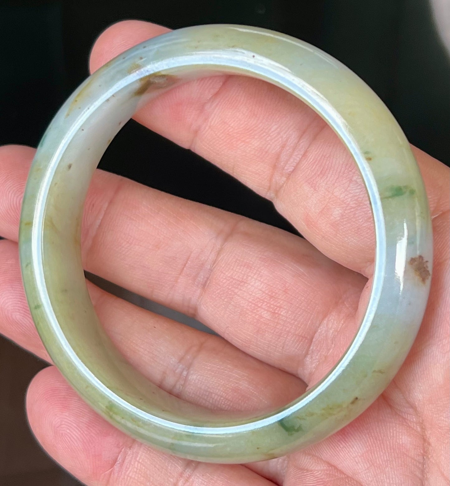 Natural Burmese Jadeite Jade Bangle – Icy Apple with Imperial Green, Greyish Milky White, and Honey Hues – 58.7mm – JB528