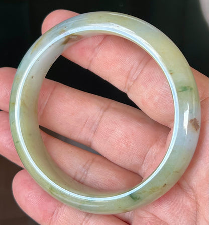 Natural Burmese Jadeite Jade Bangle – Icy Apple with Imperial Green, Greyish Milky White, and Honey Hues – 58.7mm – JB528