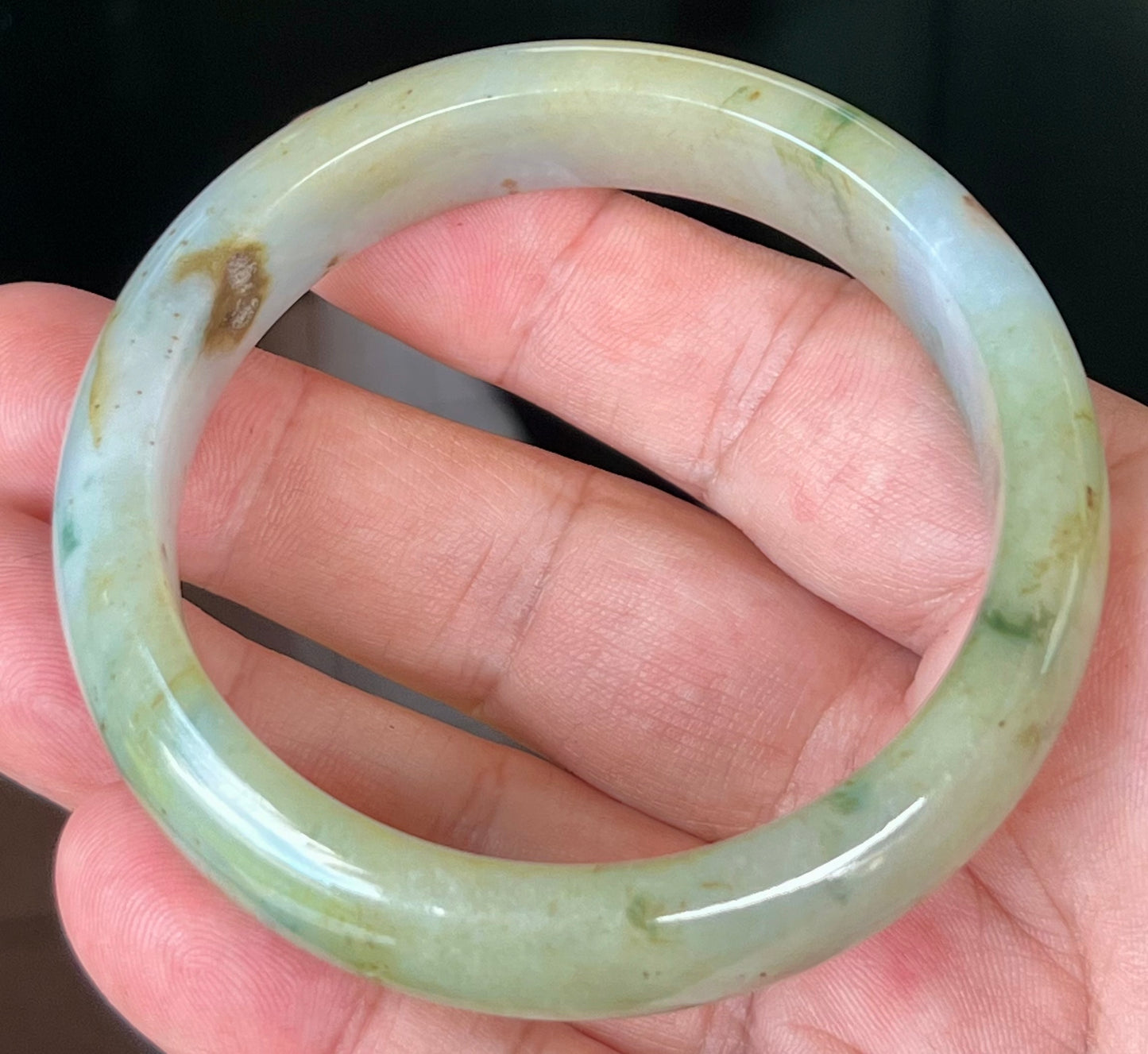 Natural Burmese Jadeite Jade Bangle – Icy Apple with Imperial Green, Greyish Milky White, and Honey Hues – 58.7mm – JB528