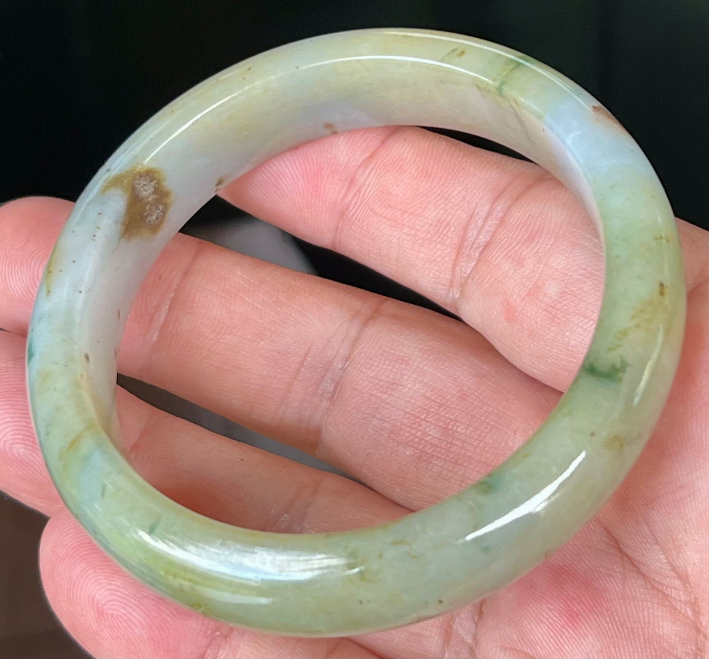 Natural Burmese Jadeite Jade Bangle – Icy Apple with Imperial Green, Greyish Milky White, and Honey Hues – 58.7mm – JB528