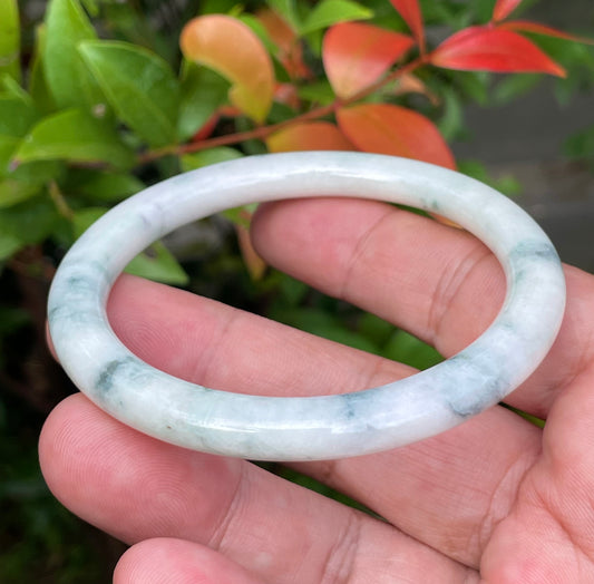 Natural Burmese Jadeite Jade Bangle – Icy Imperial Green & Milky White – Princess Cut – 59mm – JB953