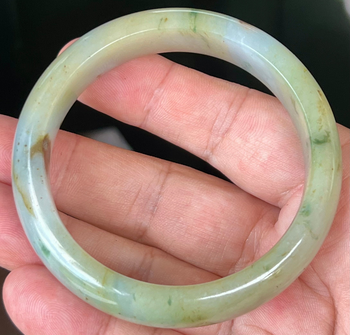 Natural Burmese Jadeite Jade Bangle – Icy Apple with Imperial Green, Greyish Milky White, and Honey Hues – 58.7mm – JB528