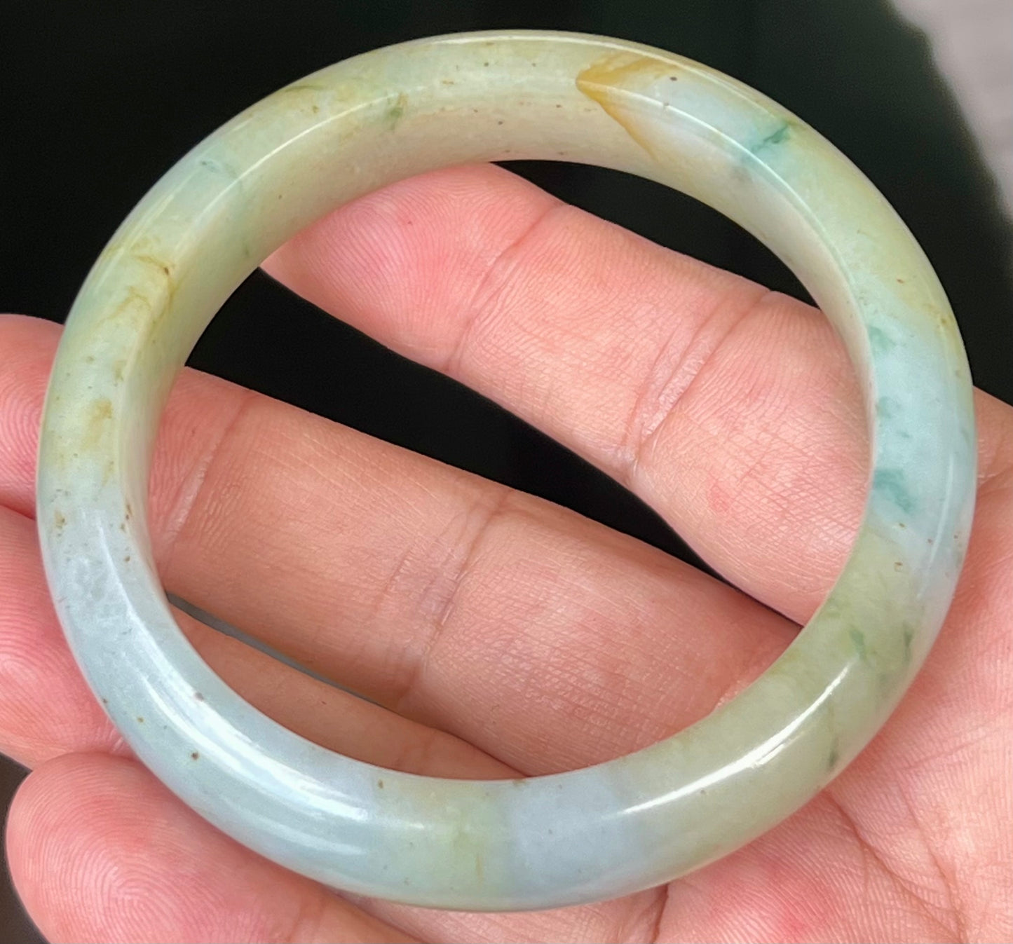Natural Burmese Jadeite Jade Bangle – Icy Apple with Imperial Green, Greyish Milky White, and Honey Hues – 58.7mm – JB528