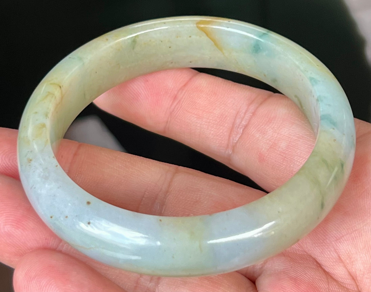 Natural Burmese Jadeite Jade Bangle – Icy Apple with Imperial Green, Greyish Milky White, and Honey Hues – 58.7mm – JB528