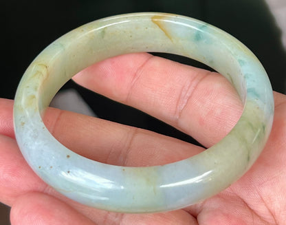Natural Burmese Jadeite Jade Bangle – Icy Apple with Imperial Green, Greyish Milky White, and Honey Hues – 58.7mm – JB528