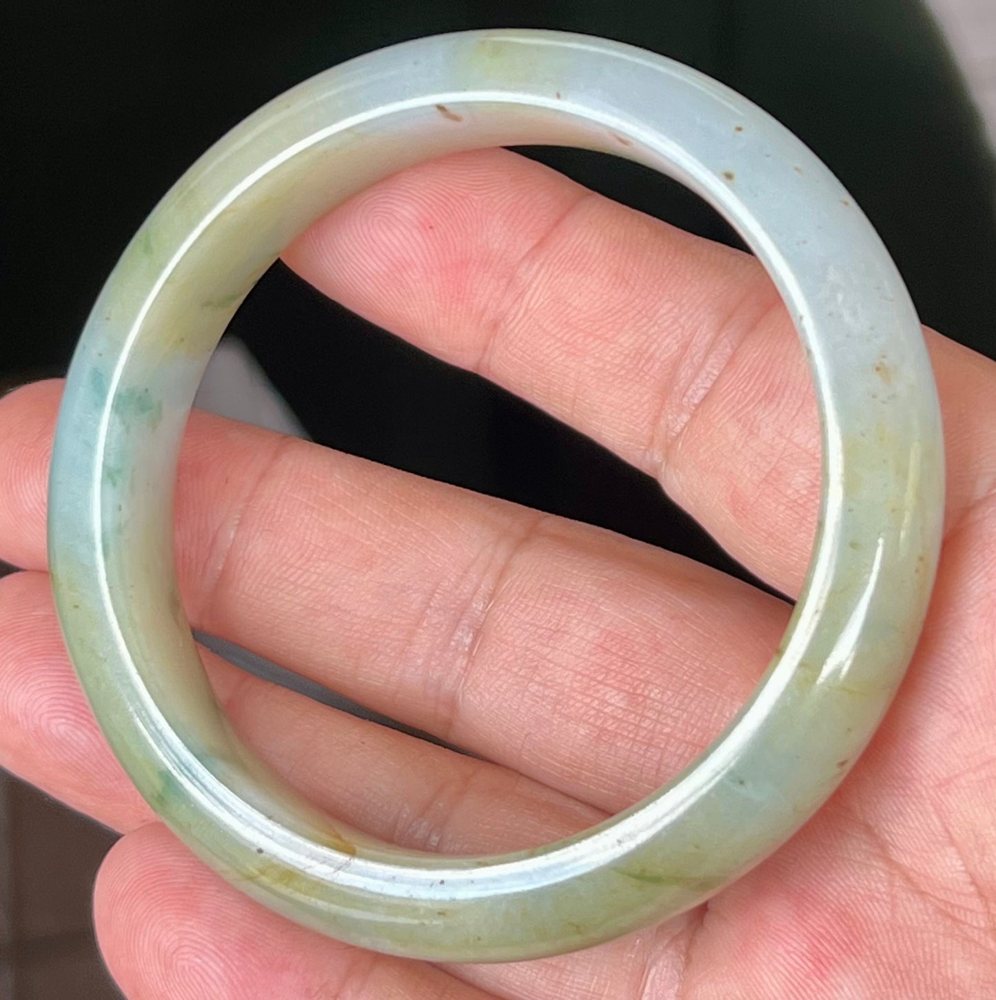 Natural Burmese Jadeite Jade Bangle – Icy Apple with Imperial Green, Greyish Milky White, and Honey Hues – 58.7mm – JB528