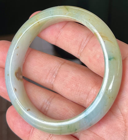 Natural Burmese Jadeite Jade Bangle – Icy Apple with Imperial Green, Greyish Milky White, and Honey Hues – 58.7mm – JB528