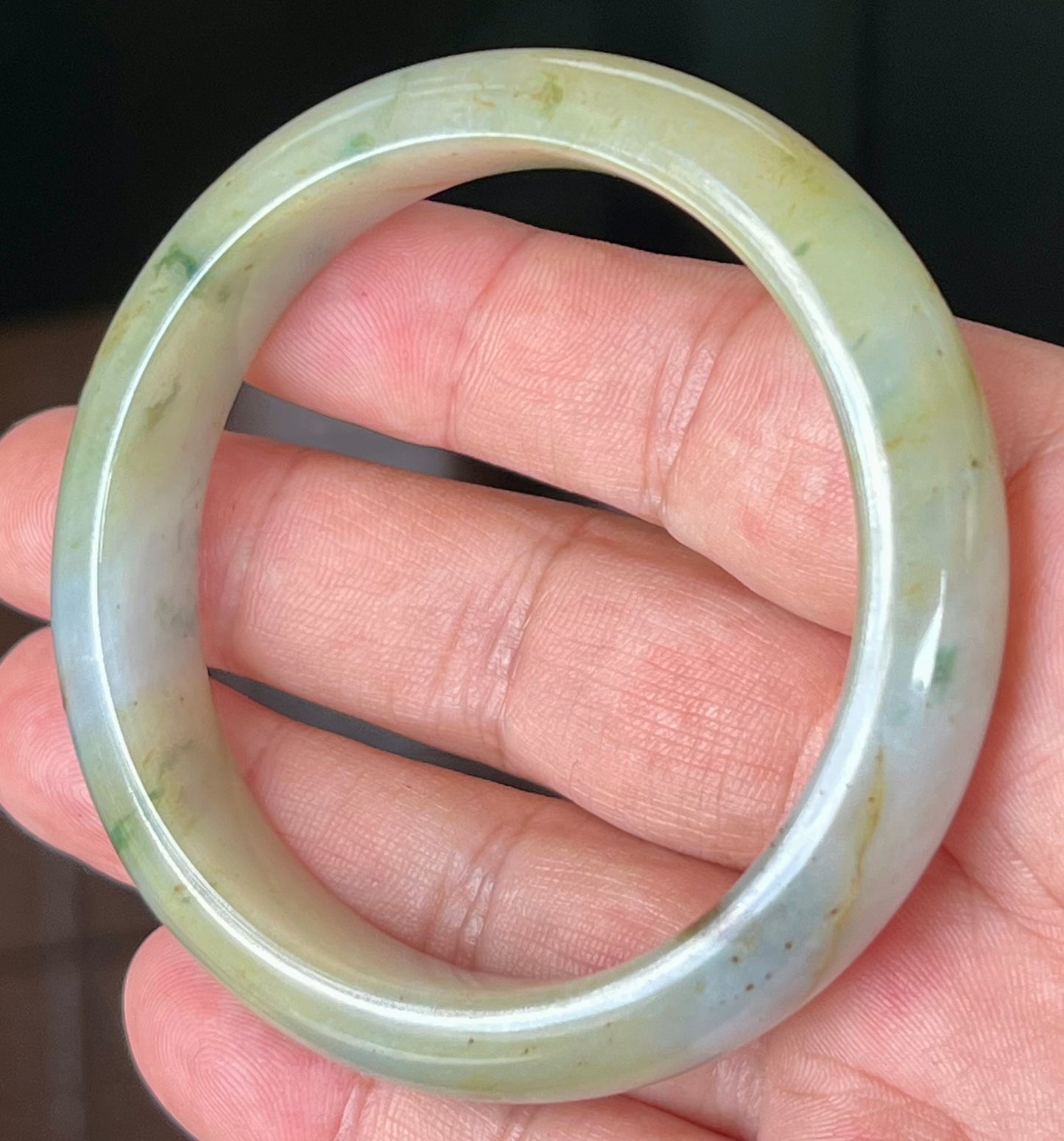Natural Burmese Jadeite Jade Bangle – Icy Apple with Imperial Green, Greyish Milky White, and Honey Hues – 58.7mm – JB528
