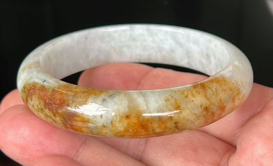 Natural Certified Burmese Jadeite Jade Bangle – Icy Greyish Milky White with Orange Red and Honey Hues – 58.4mm – JB531